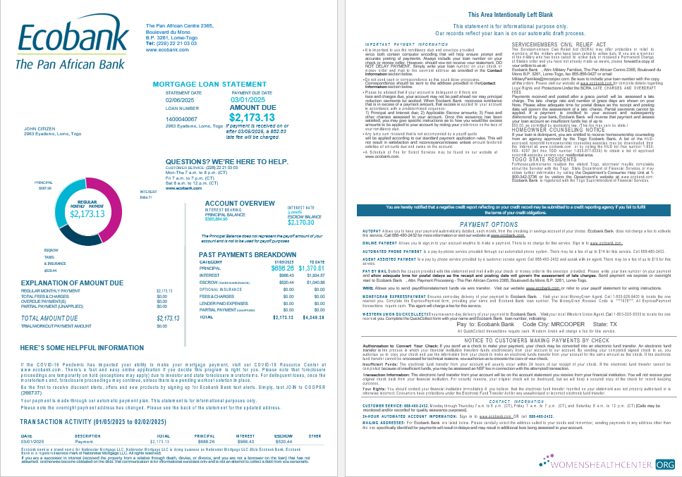 Download Togo Ecobank Bank mortgage loan statement in Word and PDF formats , 4 pages 1 2 Photoshop template